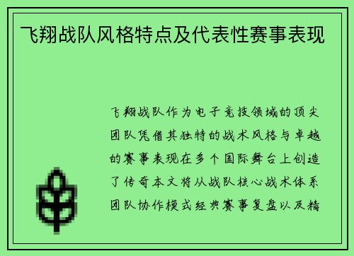 飞翔战队风格特点及代表性赛事表现