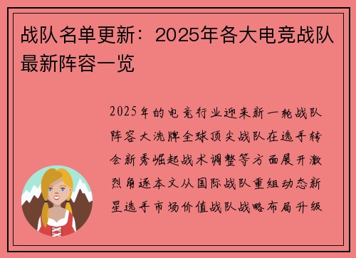 战队名单更新：2025年各大电竞战队最新阵容一览